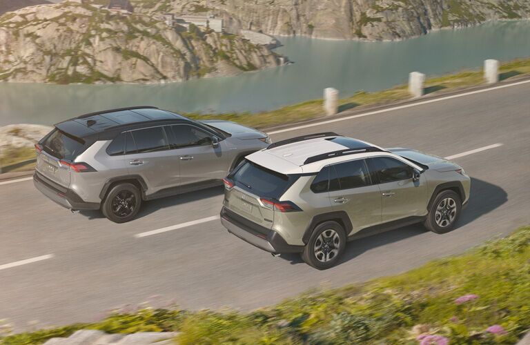 Two 2019 Toyota RAV4 vehicles driving down road