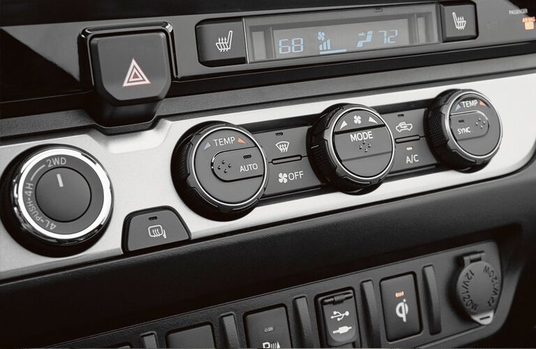Closeup of temperature controls in 2019 Toyota Tacoma