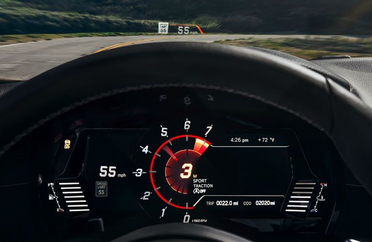 A photo of the digital gauge cluster and heads-up display in the 2020 Supra.