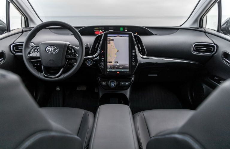 A photo of the dashboard and technology available in the 2020 Toyota Prius.