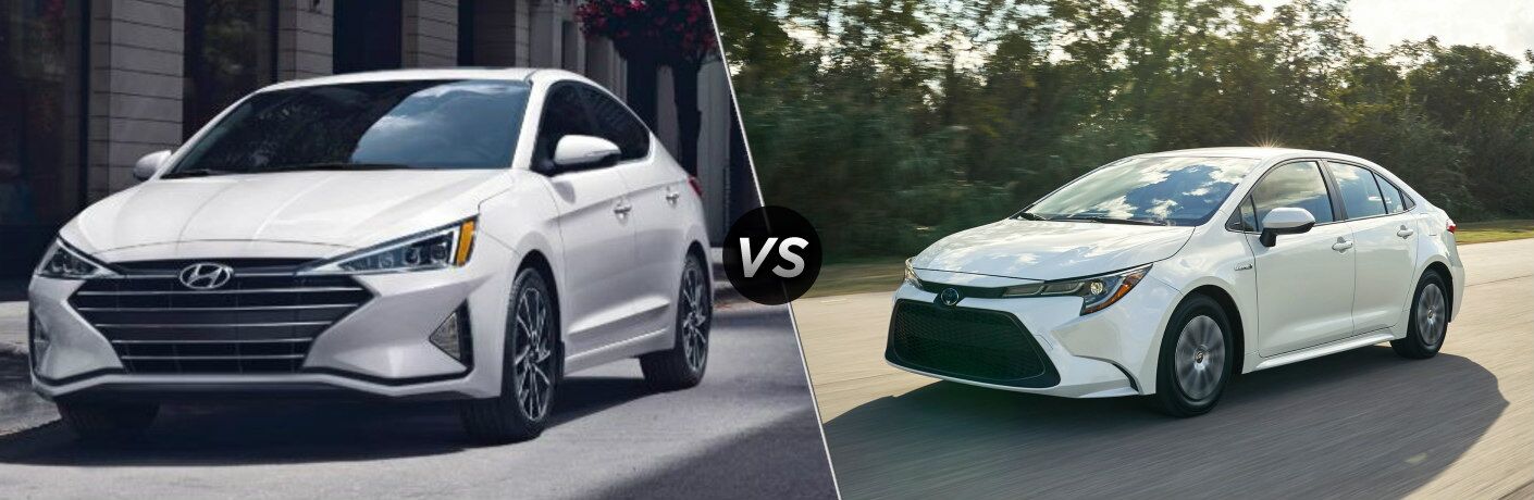 White 2020 Hyundai Elantra and white 2020 Toyota Corolla, separated by a diagonal line and a "VS" logo.
