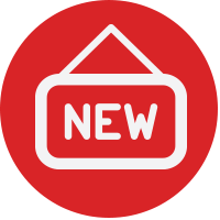 Red dot with icon of a sign that says "new"
