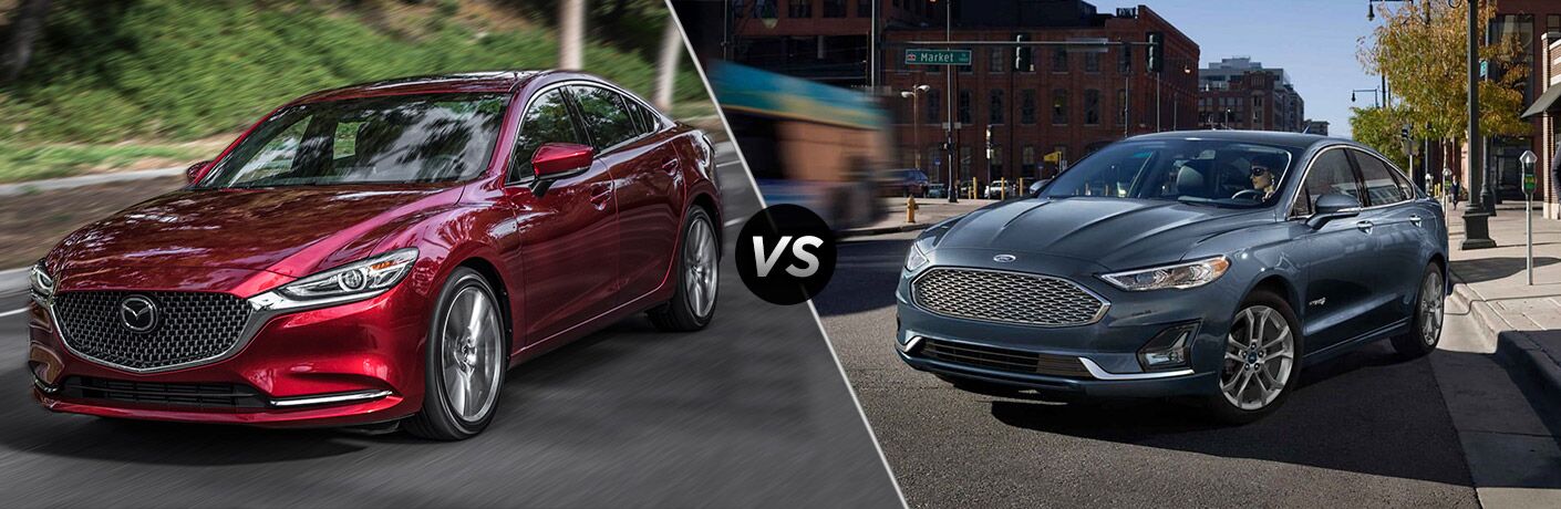red mazda6 compared to blue-gray ford fusion