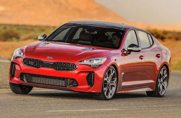 Exterior view of a red 2020 Kia Stinger
