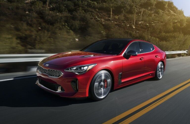 Exterior view of a red 2019 Kia Stinger