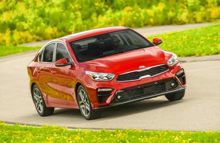 Exterior view of a red 2020 Kia Forte