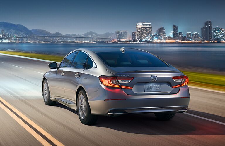 Silver 2019 Honda Accord LX Rear Exterior on City Street at Night