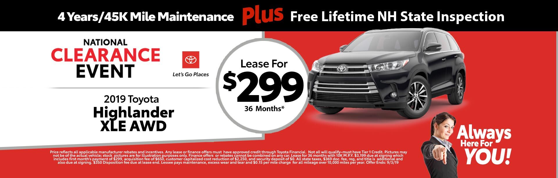 2019 Toyota Highlander LE V6 4WD for as low as $329 a month for 36 months 2019 Toyota Highlander LE V6 at McGee Toyota of Claremont