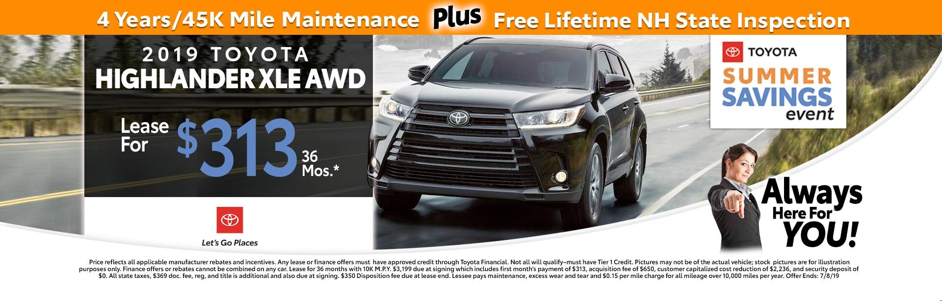 2019 Toyota Highlander LE V6 4WD for as low as $329 a month for 36 months 2019 Toyota Highlander LE V6 at McGee Toyota of Claremont