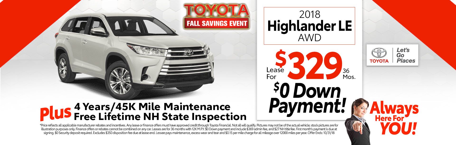 2018 Toyota Highlander LE V6 4WD for as low as $329 a month for 36 months 2018 Toyota Highlander LE V6 4WD for as low as $329 a month for 36 months