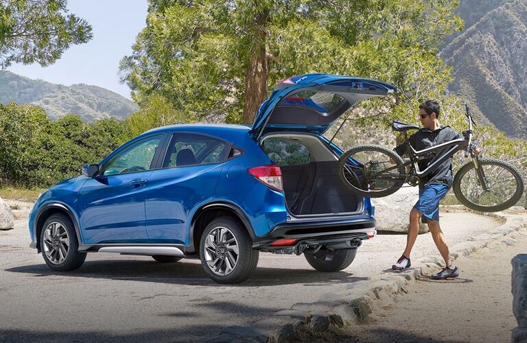 Blue 2019 Honda HR-V with open liftgate
