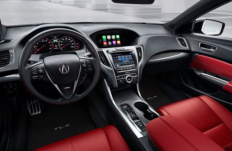 Dark grey dashboard and red front seats in 2020 Acura TLX