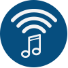 Blue icon of a music note broadcasting.