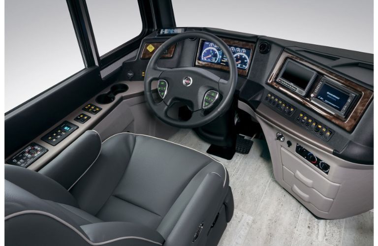 2020 Newmar Dutch Star cockpit view of the steering wheel