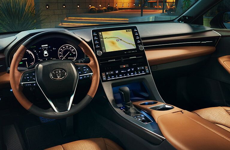 Interior front and dashboard in 2019 Toyota Avalon, outfitted with Cognac Leather.