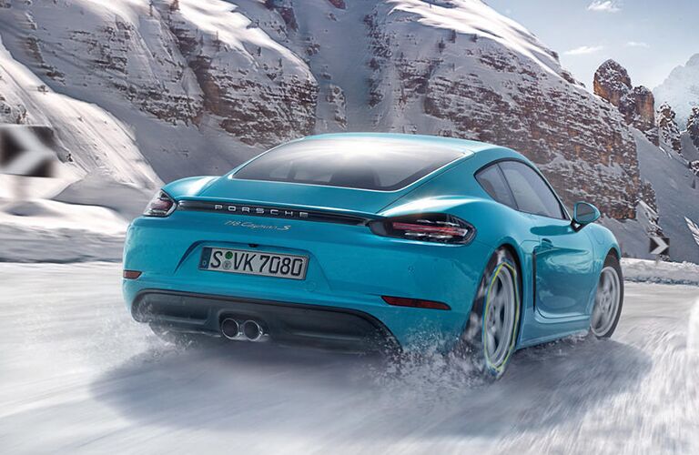 2019 Porsche 718 Cayman rear view on snow