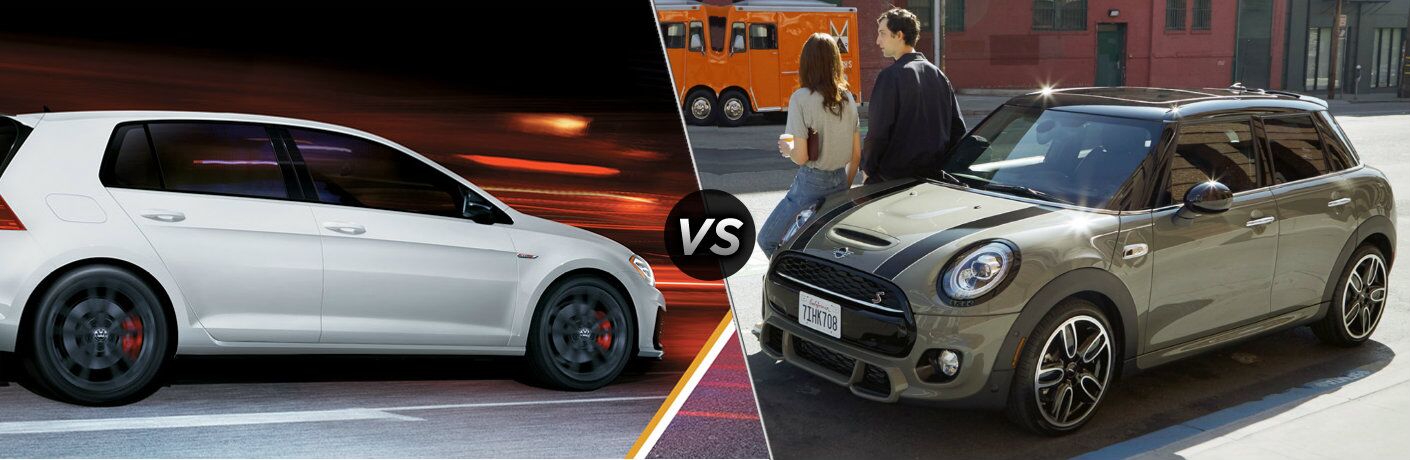 White 2019 Volkswagen Golf GTI and striped 2019 MINI Cooper S, separated by a diagonal line a "vs" logo.