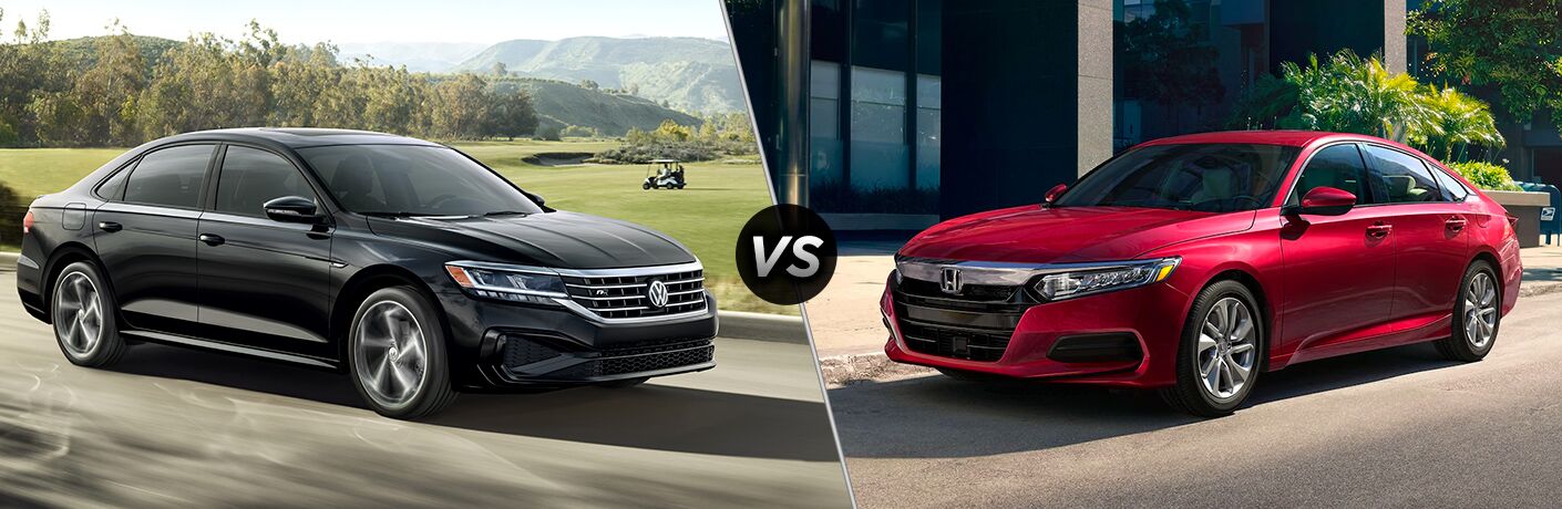 2020 Volkswagen Passat and 2020 Honda Accord, separated by a diagonal line and a "VS" logo