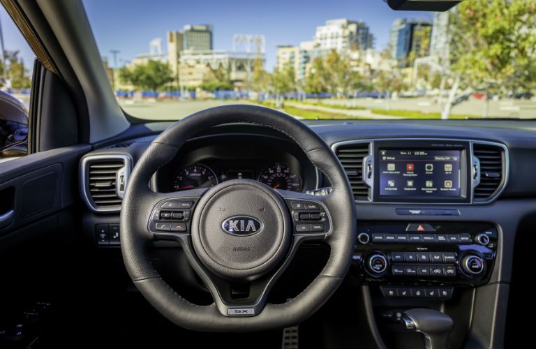 A photo of the dashboard in the 2019 Kia Sportage.