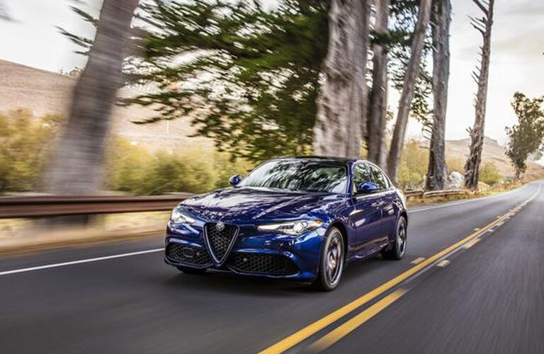 front and side view of blue 2019 alfa romeo giulia