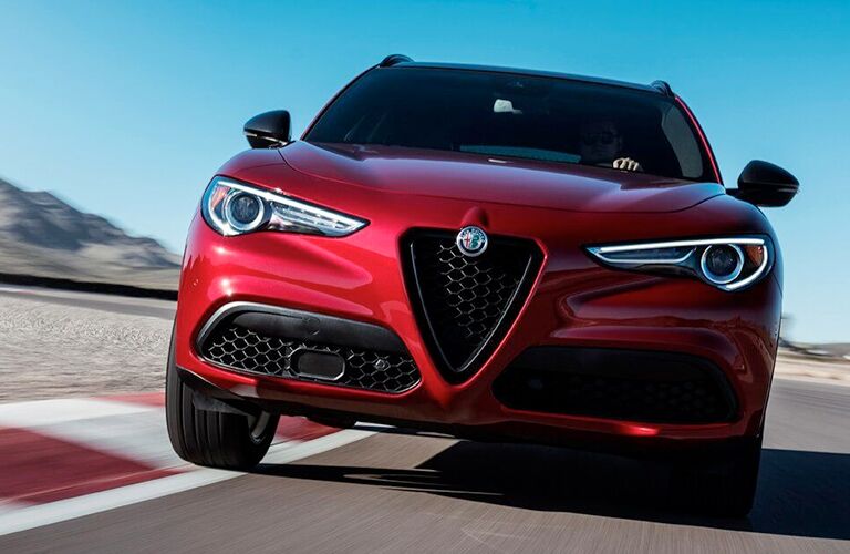 front view of red 2019 alfa romeo stelvio