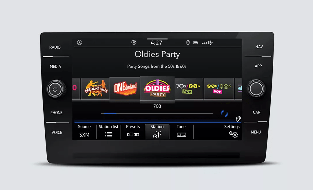 SiriusXM with 360L touchscreen interface showing channel options