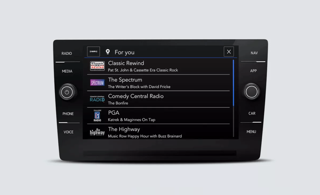 SiriusXM with 360L touchscreen interface showing channel options labeled For You