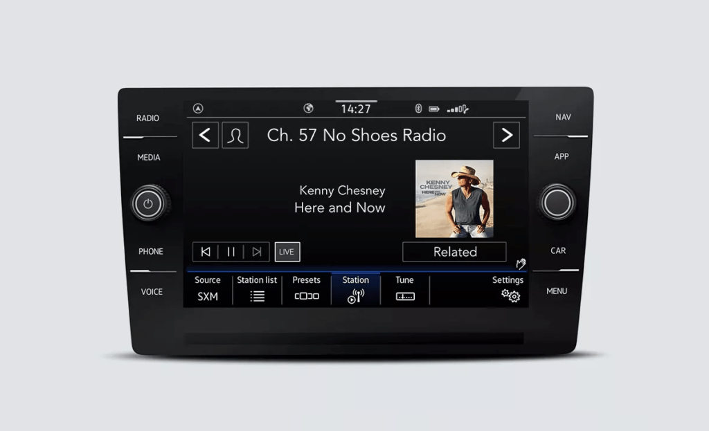 SiriusXM with 360L touchscreen interface showing Ch. 57 No Shoes Radio