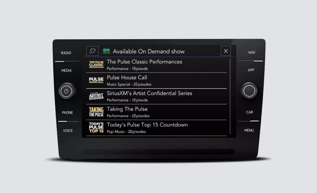 SiriusXM with 360L touchscreen interface showing Available On Demand shows.