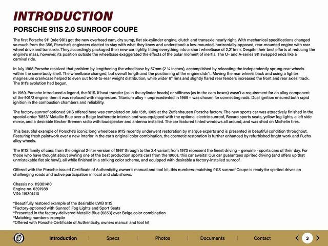 1969 Porsche 911 S 2.0 Sunroof Coupe Paramus NJ