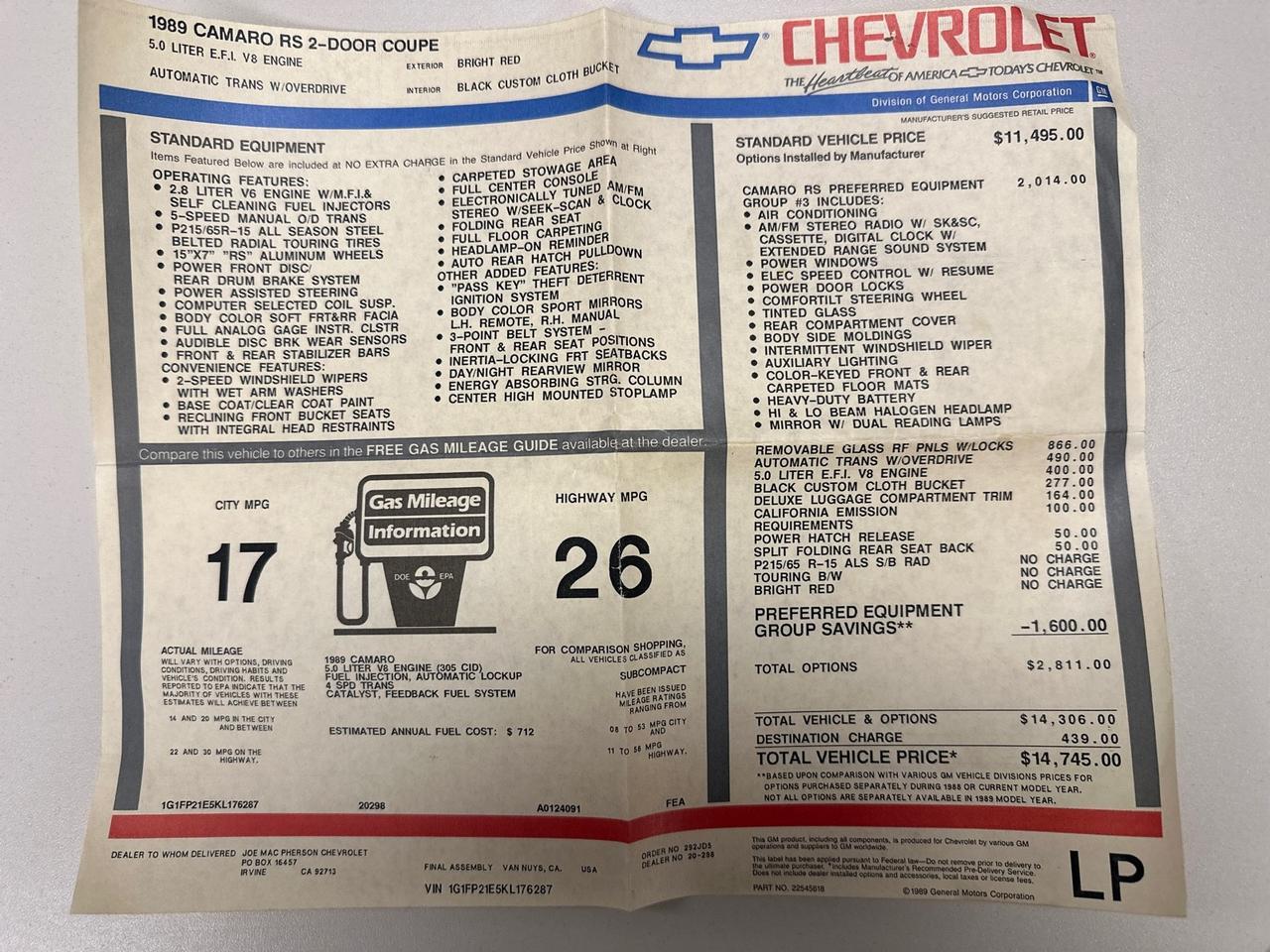 1989 Chevrolet Camaro RS T-Top 5.0L V8 West Chester PA