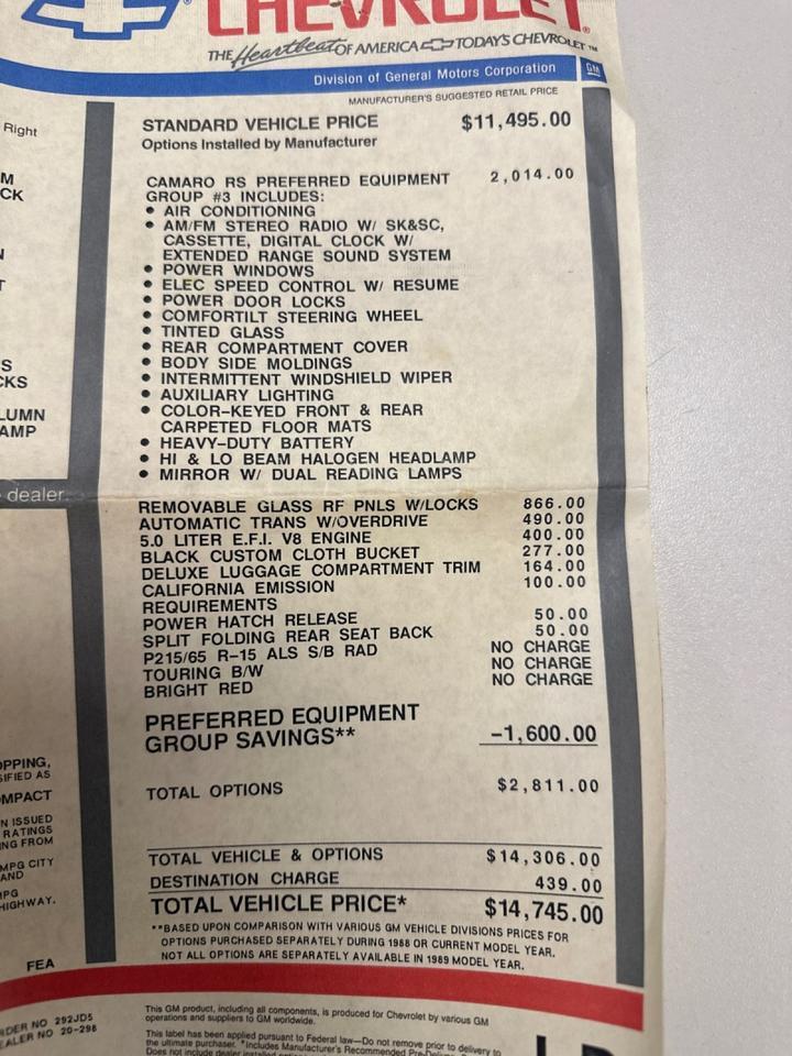 1989 Chevrolet Camaro RS T-Top 5.0L V8 West Chester PA