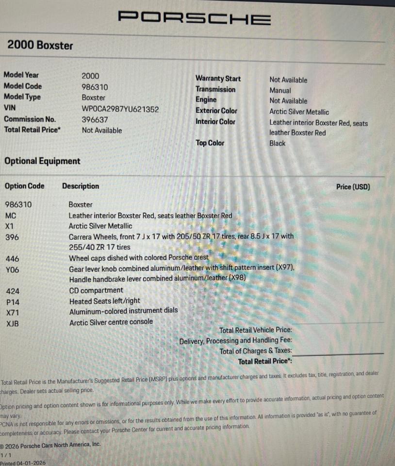 2000 Porsche Boxster 5-Speed Manual Boxster Red Interior West Chester PA