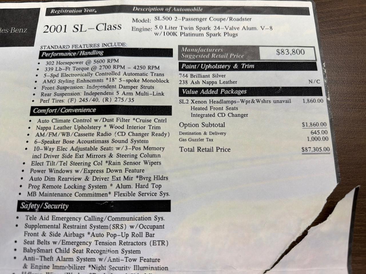 2001 Mercedes-Benz SL500 SL2 Pkg, 1-Owner Houston TX