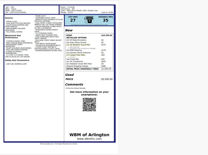 2001 Toyota Echo 2 Dr Coupe