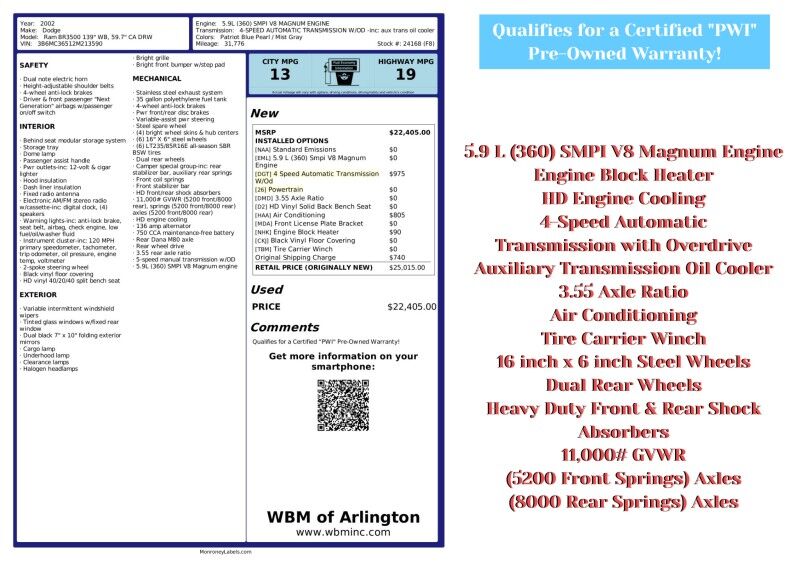 2002 Dodge Ram BR 3500 BR3500 139 WB, 59.7 CA DRW Box Truck DRW Arlington VA