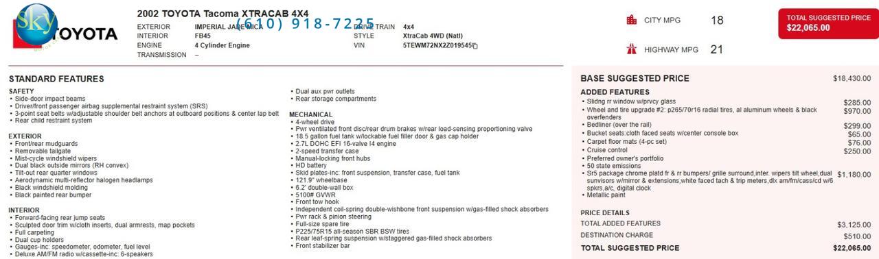 2002 Toyota Tacoma XTRACAB 4X4 SR5 5 SPEED MANUAL