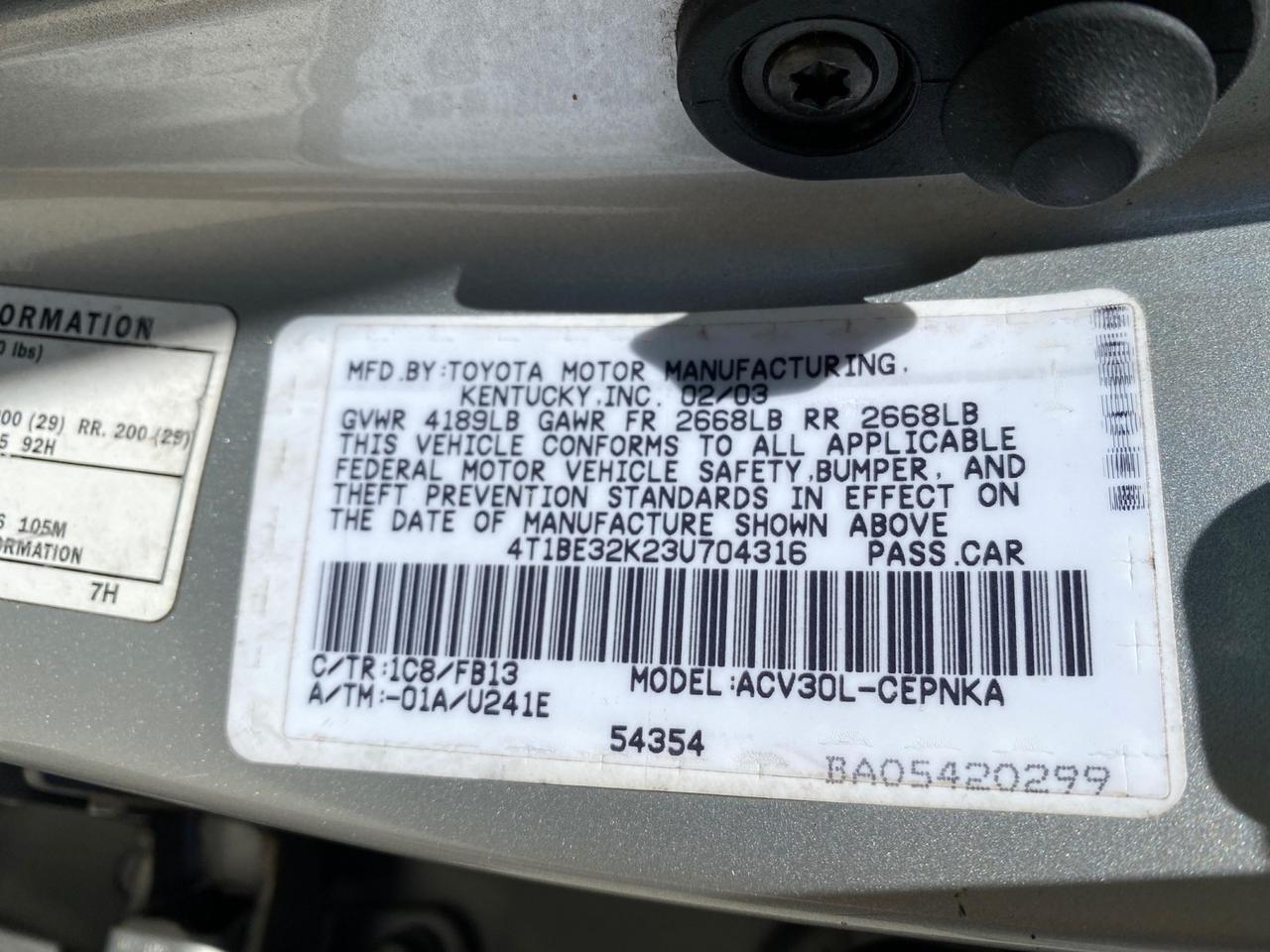 2003 Toyota Camry AC AUTO LE LOW MILES 66,649 Pompano Beach FL