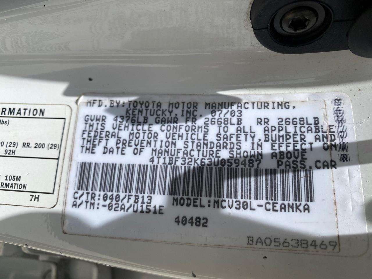 2003 Toyota Camry LE LOW MILES 61,005 Pompano Beach FL