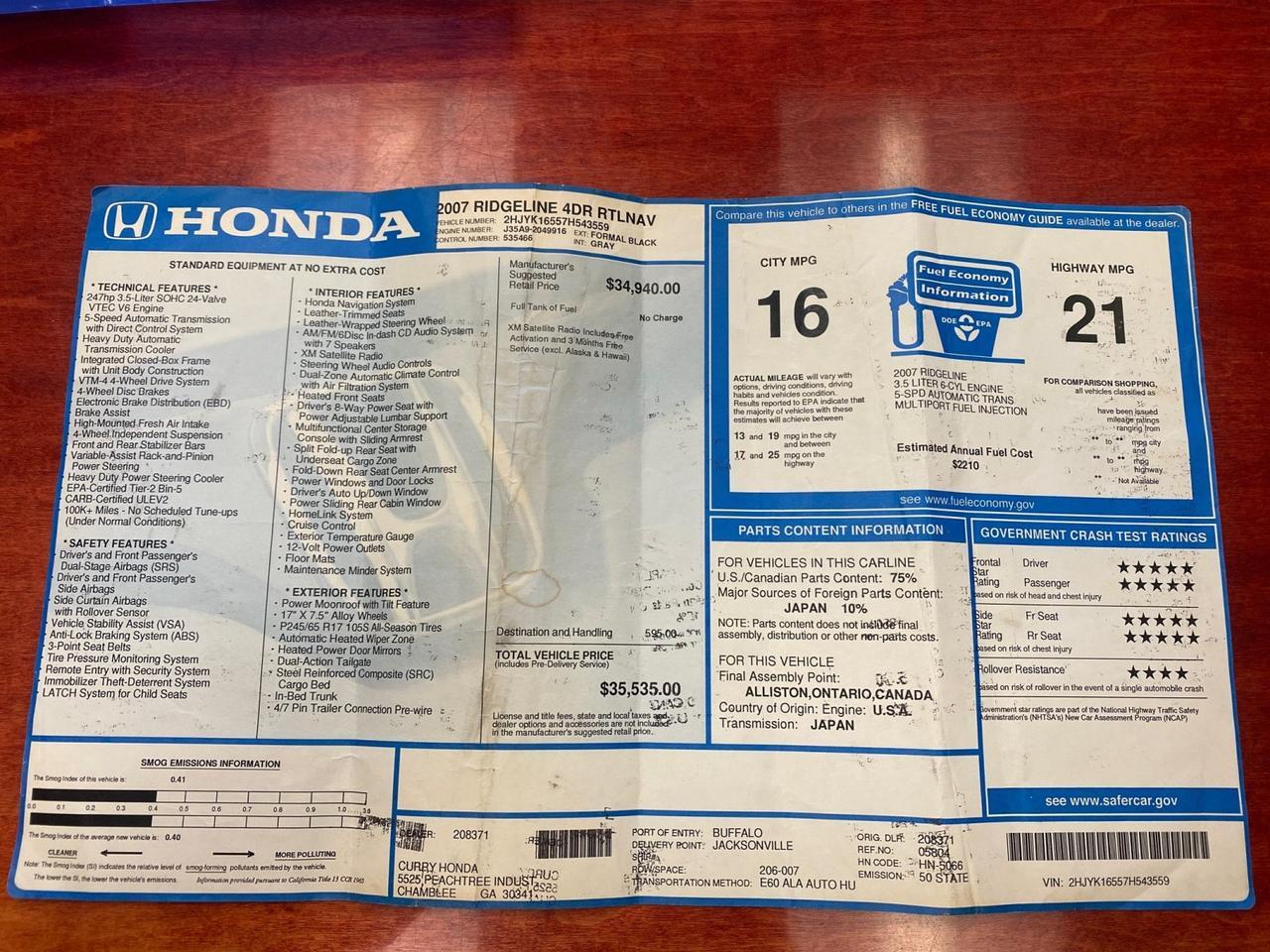 2007 Honda Ridgeline RTL w/Leather 1 OWNER FL Pompano Beach FL