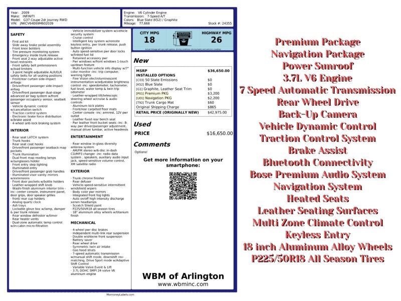 2009 INFINITI G37 Journey Coupe RWD Arlington VA