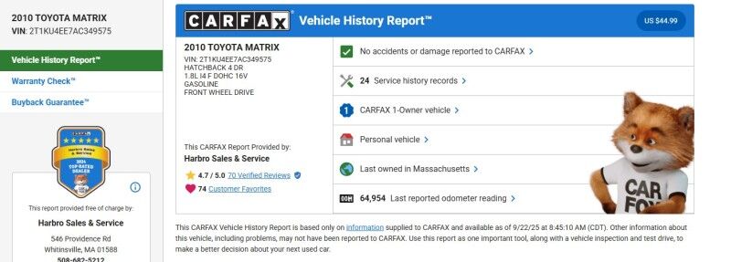 2010 Toyota Matrix - 1 OWNER - PERFECT SERVICE HISTORY Webster MA