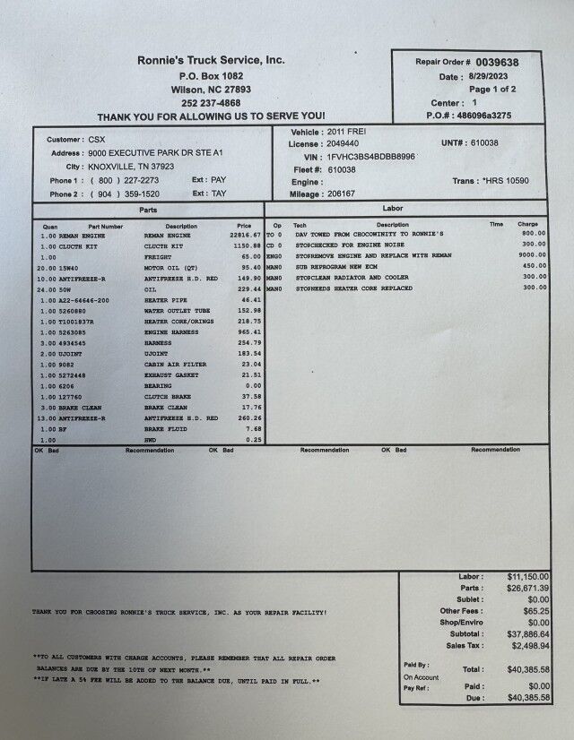 2011 Freightliner M2 National Crane 400B w New Motor Henrico VA