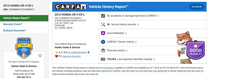 2012 Honda CR-V EX-L - 1 OWNER - GREAT SERVICE HISTORY Whitinsville MA