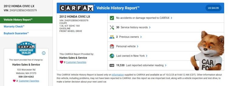 2012 Honda Civic Cpe LX - ONLY 19K ORIGINAL MILES Webster MA