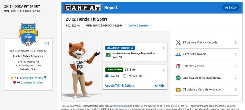 2012 Honda Fit Sport Whitinsville MA