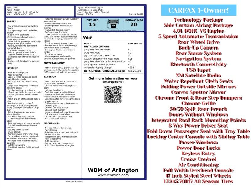 2012 Nissan NV 2500 HD SV with High Roof Arlington VA