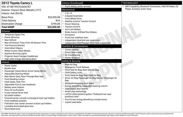 2012 Toyota Camry L Raleigh NC