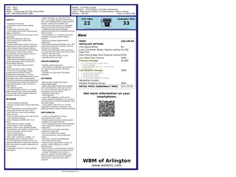 2013 BMW 5 Series 528i xDrive AWD w/ Premium Package