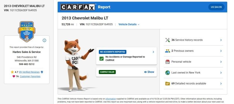 2013 Chevrolet Malibu LT - LOW MILES - GREAT SERVICE HISTORY Webster MA